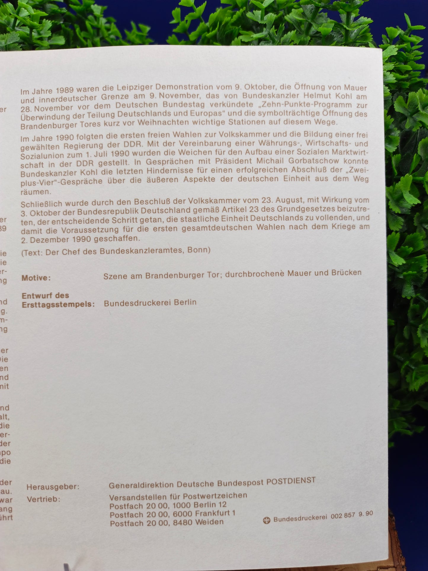 Commemorative Souvenir Sheet: Peaceful Departure for German Unity – First Day of Issue (1st Anniversary of the Opening of the Inner-German Border)