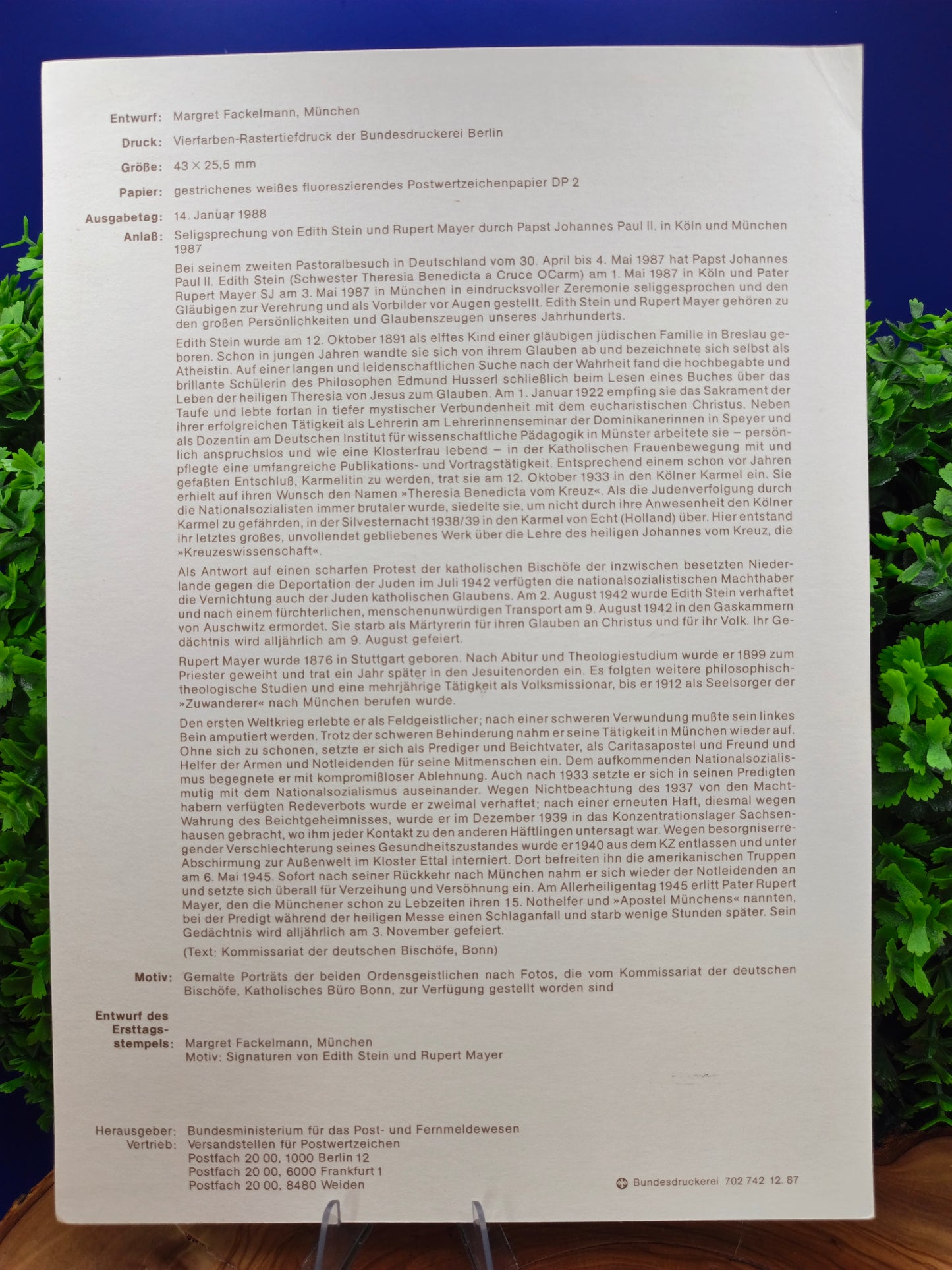 Official First Day Sheet (Ersttagsblatt) – Beatification of Edith Stein and Rupert Mayer (1988)