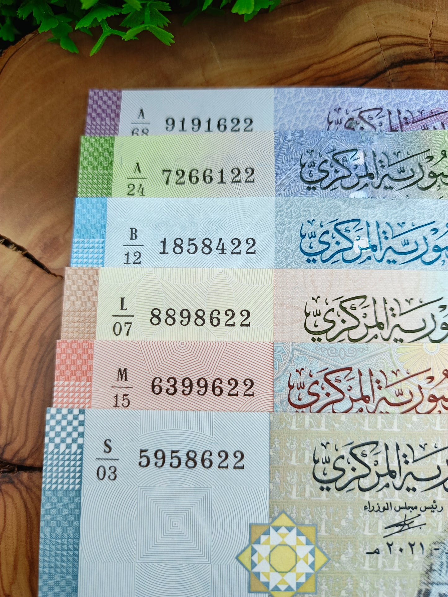 50 - 100 - 200 - 500 - 1000 - 2000 pound . Syria . 2021 ( perfectly matching sequential suffix, with the last two digits of the serial numbers )