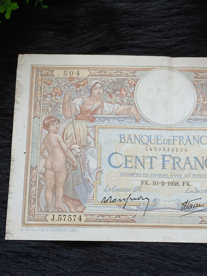 100 cent francs . France.  1938