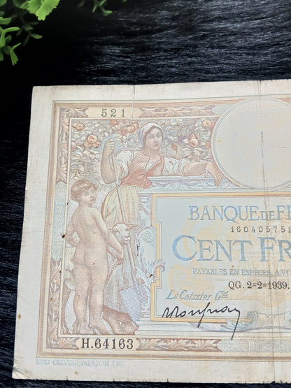 100 cent francs.  France.  1939