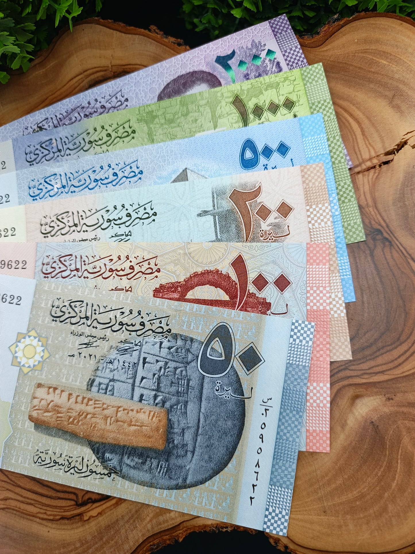 50 - 100 - 200 - 500 - 1000 - 2000 pound . Syria . 2021 ( perfectly matching sequential suffix, with the last two digits of the serial numbers )