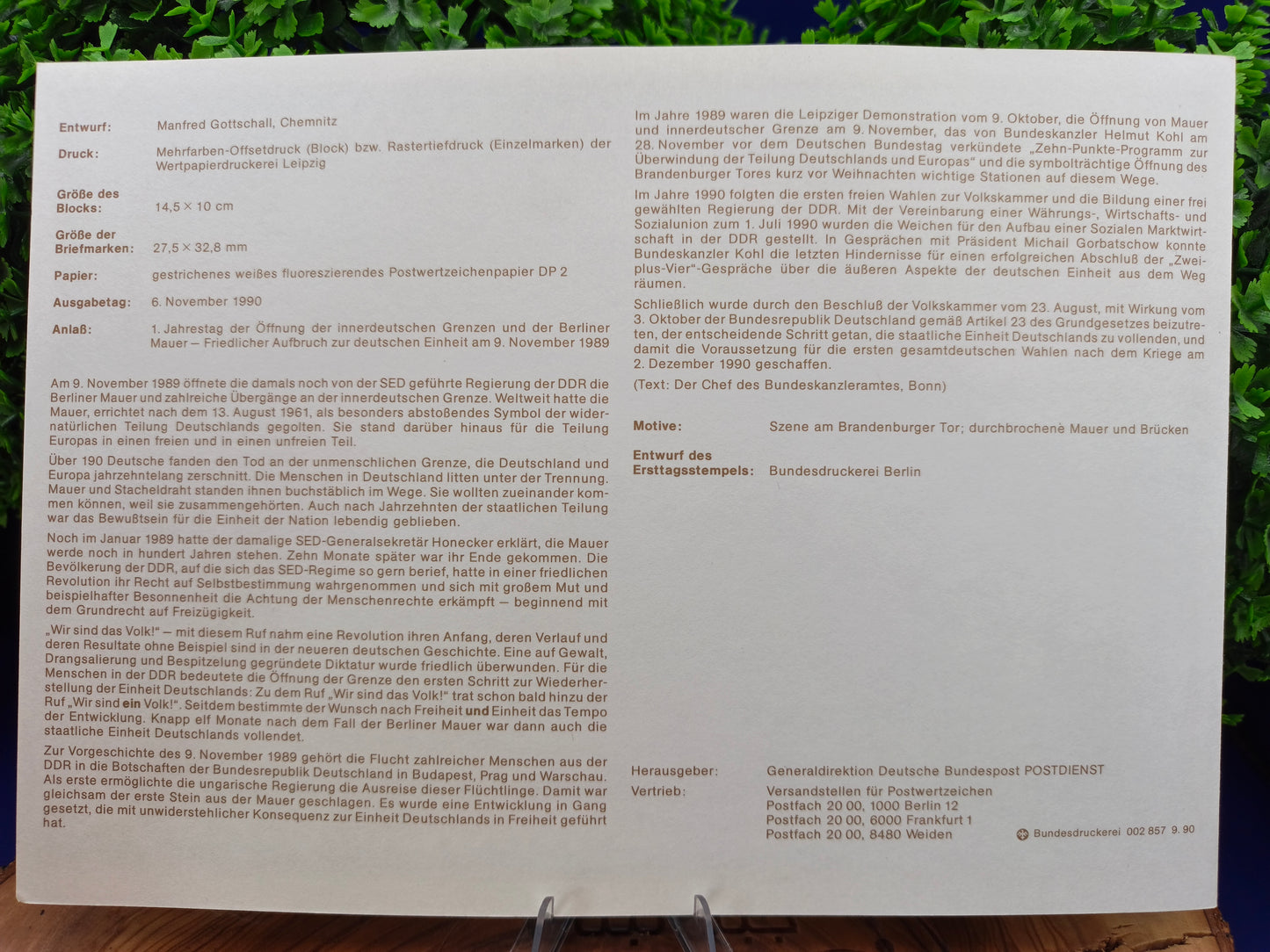 Commemorative Souvenir Sheet: Peaceful Departure for German Unity – First Day of Issue (1st Anniversary of the Opening of the Inner-German Border)