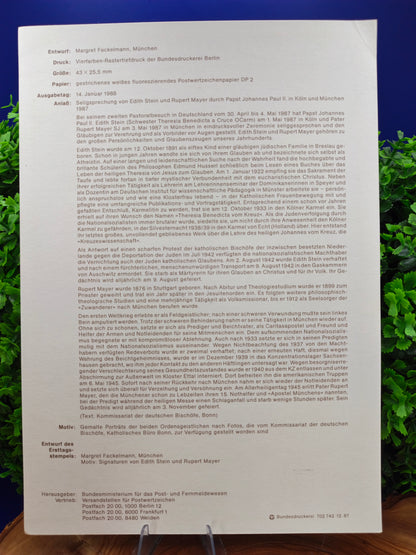Official First Day Sheet (Ersttagsblatt) – Beatification of Edith Stein and Rupert Mayer (1988)
