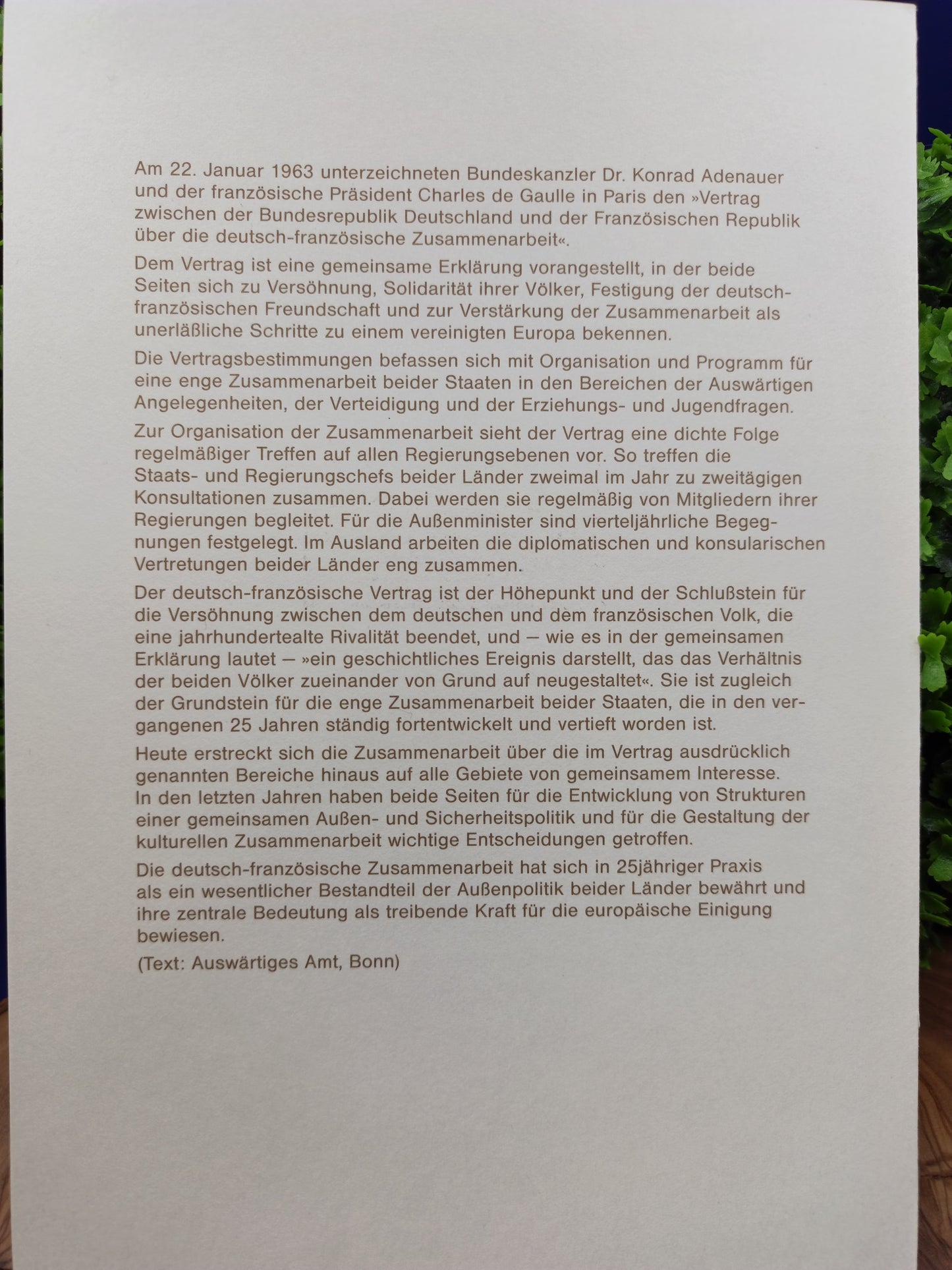 Official First Day Sheet (Ersttagsblatt) – 25th Anniversary of the Élysée Treaty (1988)