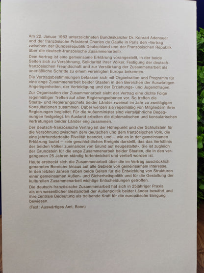 Official First Day Sheet (Ersttagsblatt) – 25th Anniversary of the Élysée Treaty (1988)